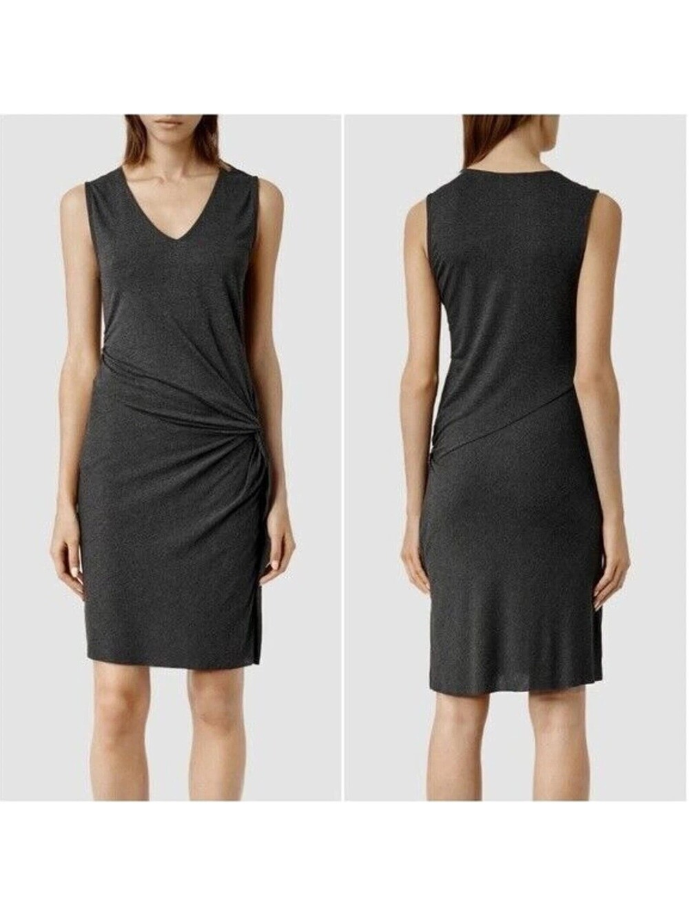 AllSaints Ruched Knot-Front Bodycon Midi Dress Size 10 (UK14) Charcoal Grey